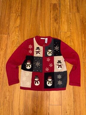 Vintage zip up Christmas sweater with embroidered patchwork design